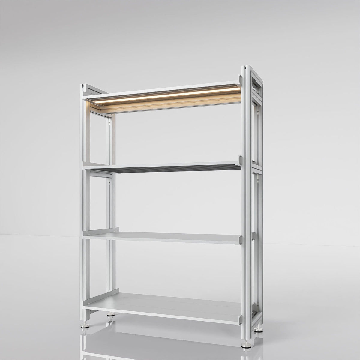 Retail display shelving unit with satin shelves and satin vertical posts, shown with open shelving.