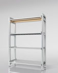 Retail display shelving unit with satin shelves and satin vertical posts, shown with open shelving.