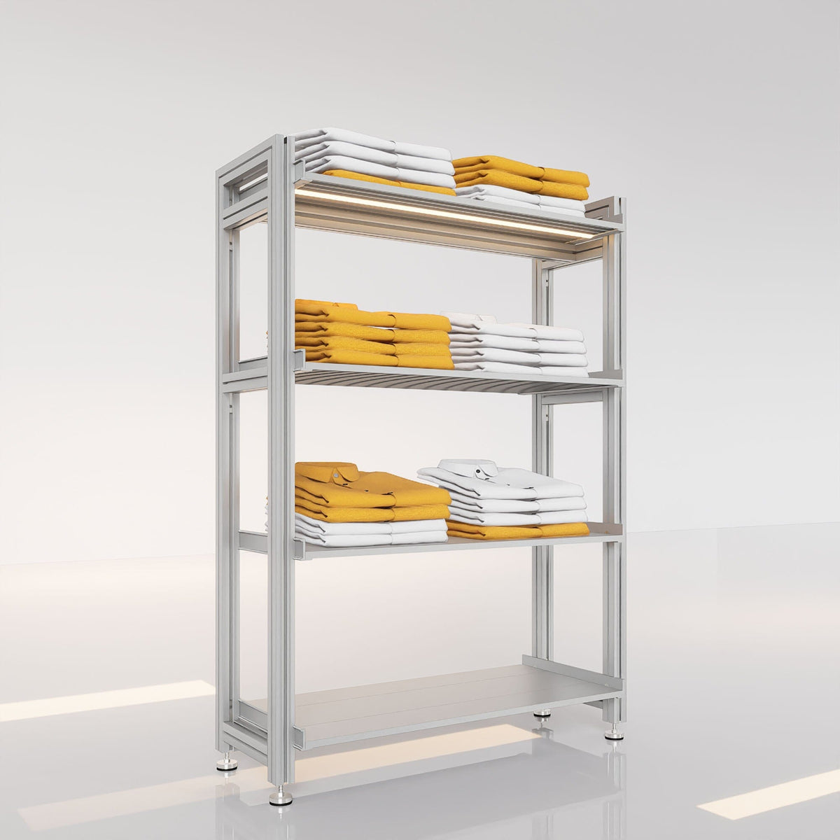 Retail display shelving unit with wood shelves and black vertical posts.