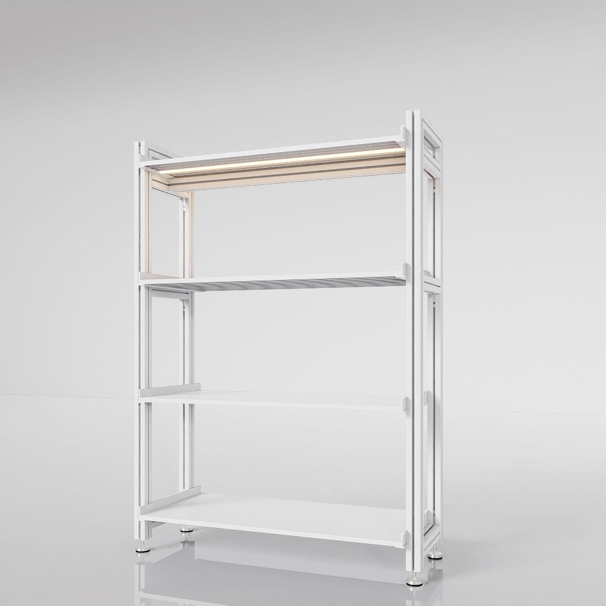 Retail display shelving unit with white shelves and white vertical posts, shown with open shelving.