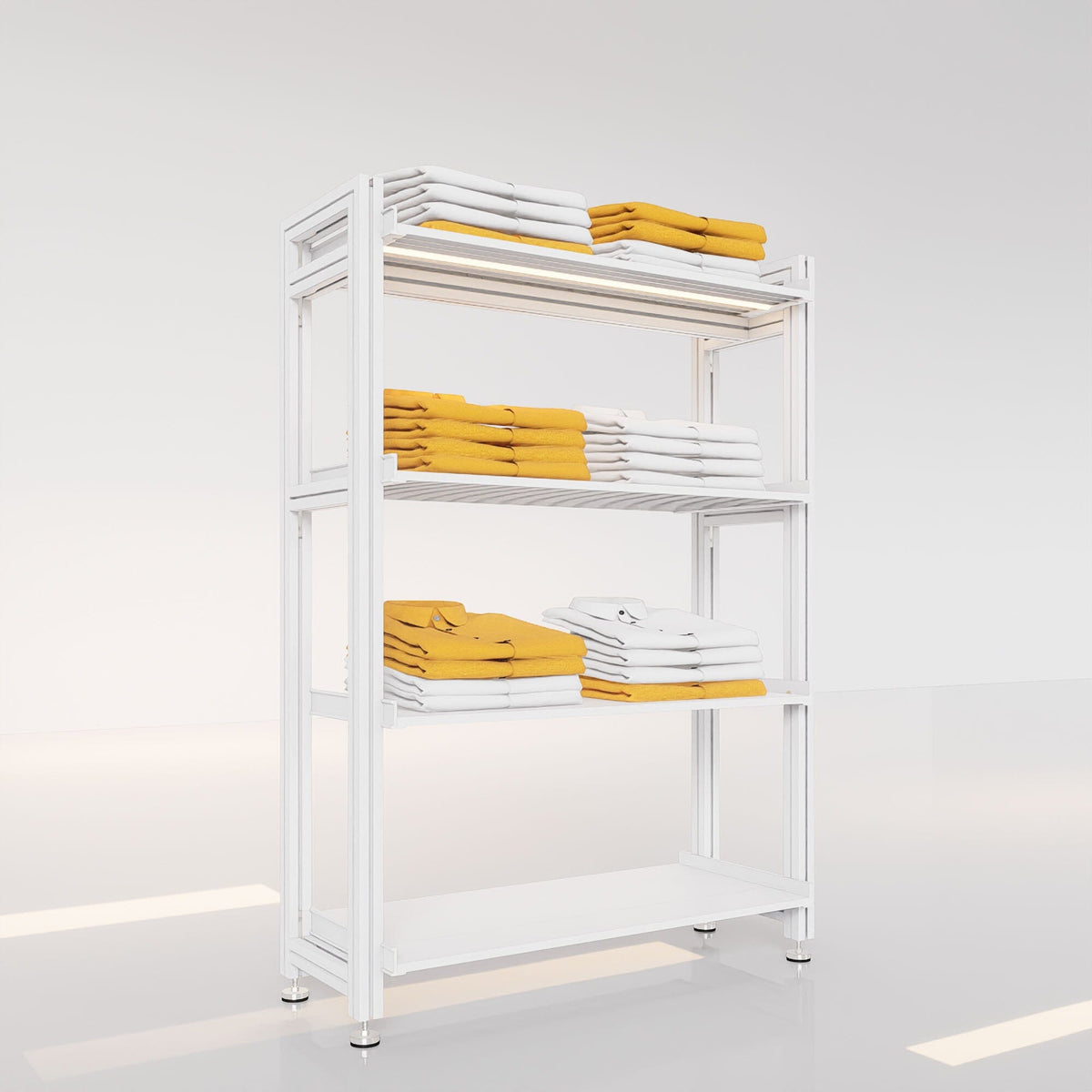 Retail display shelving unit with black shelves and black vertical posts.