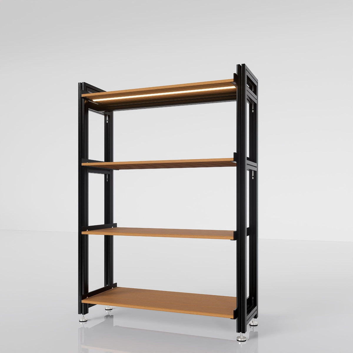Retail display shelving unit with wood grain shelves and black vertical posts, shown with open shelving.