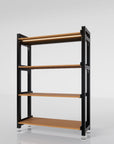Retail display shelving unit with wood grain shelves and black vertical posts, shown with open shelving.
