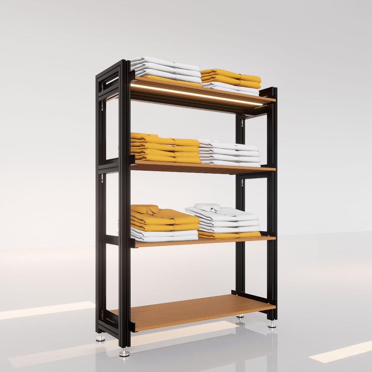 Retail display shelving unit with satin shelves and satin vertical posts.