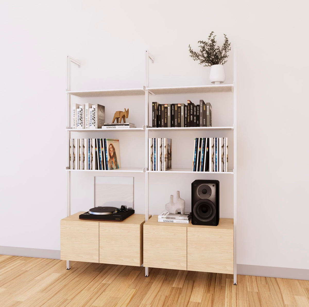 LP vinyl media storage shelving unit with Casting Light shelves and white vertical posts, two bays, shown with open record storage shelf levels.