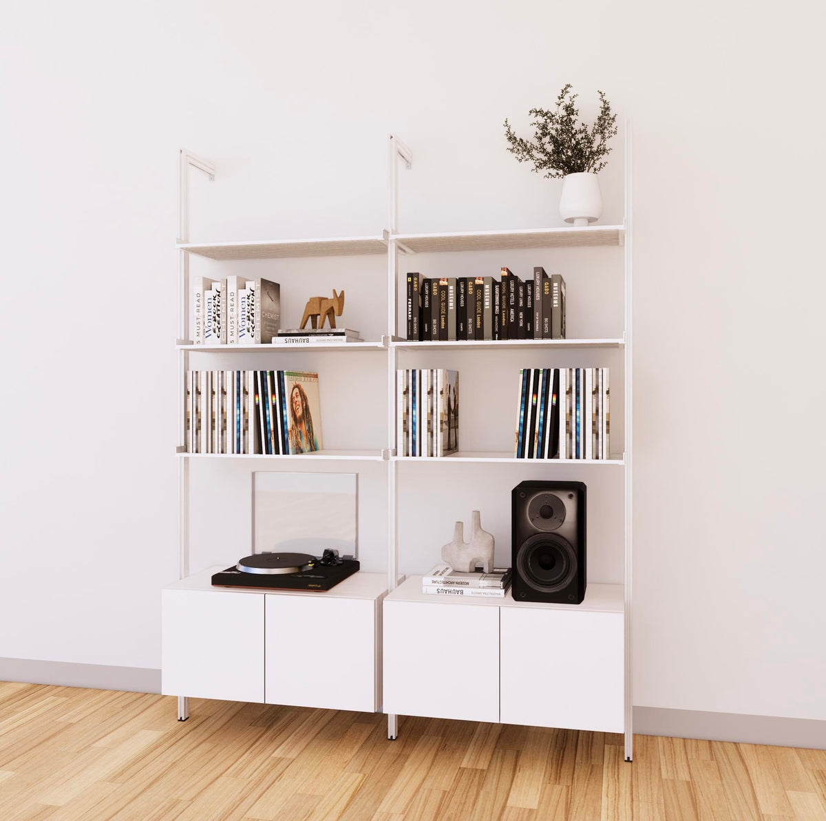 LP vinyl media storage shelving unit with white shelves and white vertical posts, two bays, shown with open record storage shelf levels.