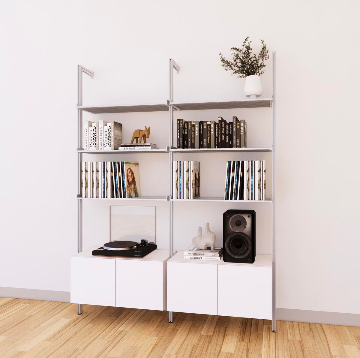 LP vinyl media storage shelving unit with white shelves and satin vertical posts, two bays, shown with open record storage shelf levels.
