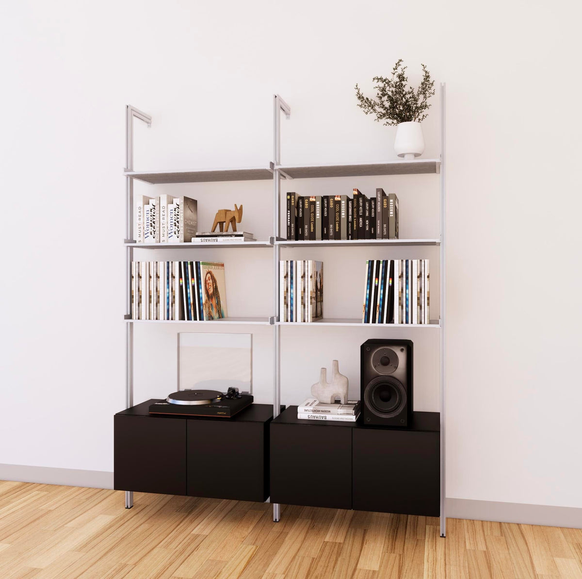 LP vinyl media storage shelving unit with black shelves and satin vertical posts, with Tea for Two wood cabinet storage, two bays, shown with open record storage shelf levels.