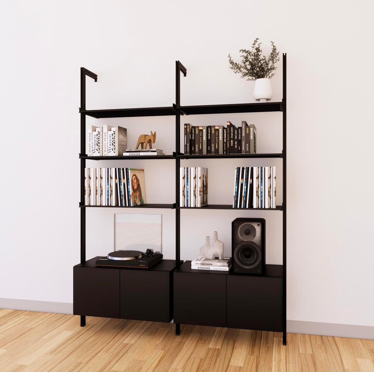 LP vinyl media storage shelving unit with black shelves and black vertical posts, with Casting Light wood cabinet storage, two bays, shown with open record storage shelf levels.