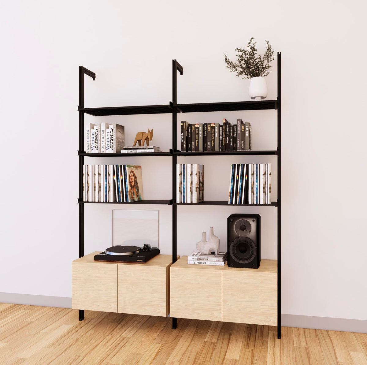 LP vinyl media storage shelving unit with Casting Light shelves and black vertical posts, two bays, shown with open record storage shelf levels.