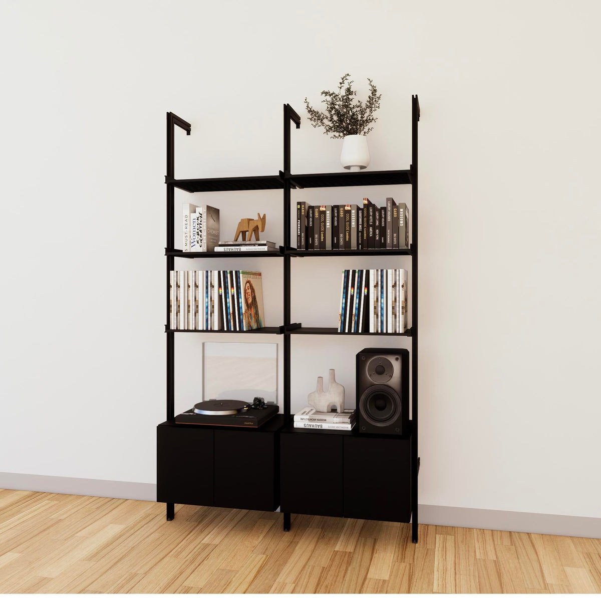LP vinyl media storage shelving unit with black shelves and black vertical posts, two bays, shown with open record storage shelf levels.