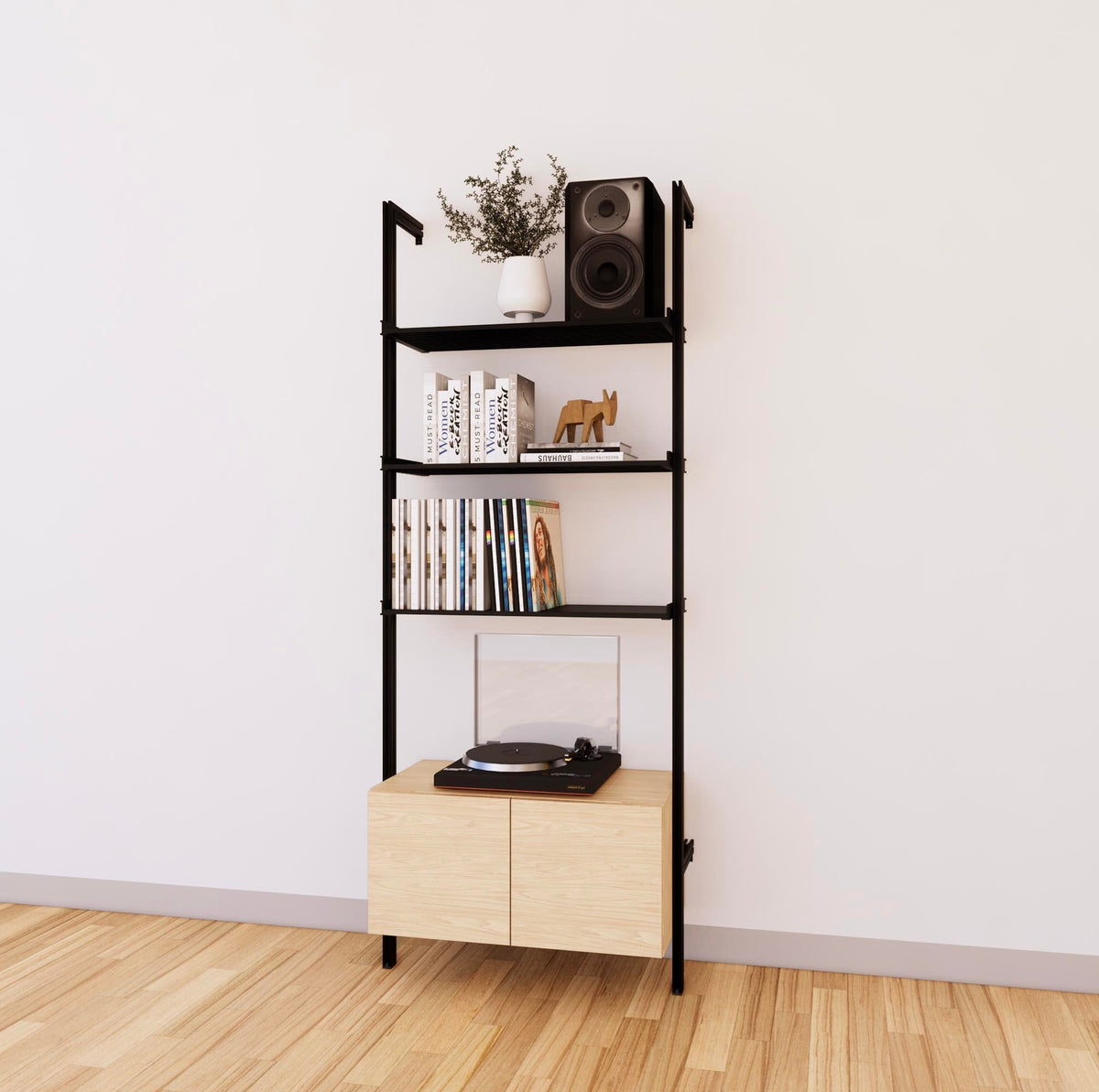 LP vinyl media storage shelving unit with Casting Light shelves and black vertical posts, two bays, shown with open record storage shelf levels.