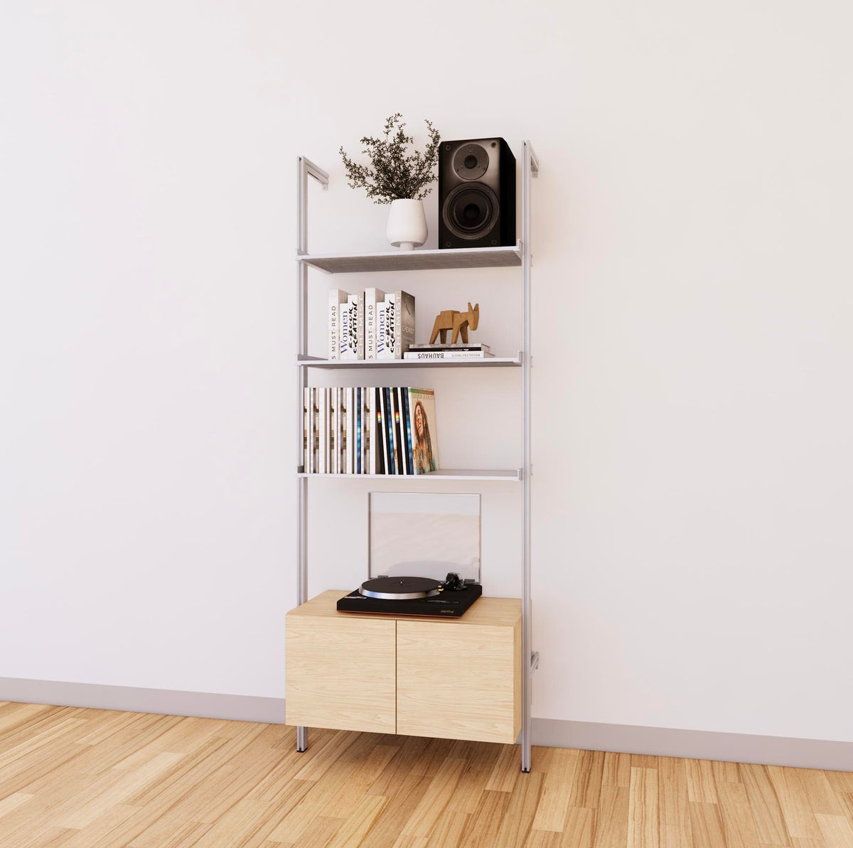 LP vinyl media storage shelving unit with Casting Light shelves and satin vertical posts, with Tea for Two wood cabinet storage, two bays, shown with open record storage shelf levels.