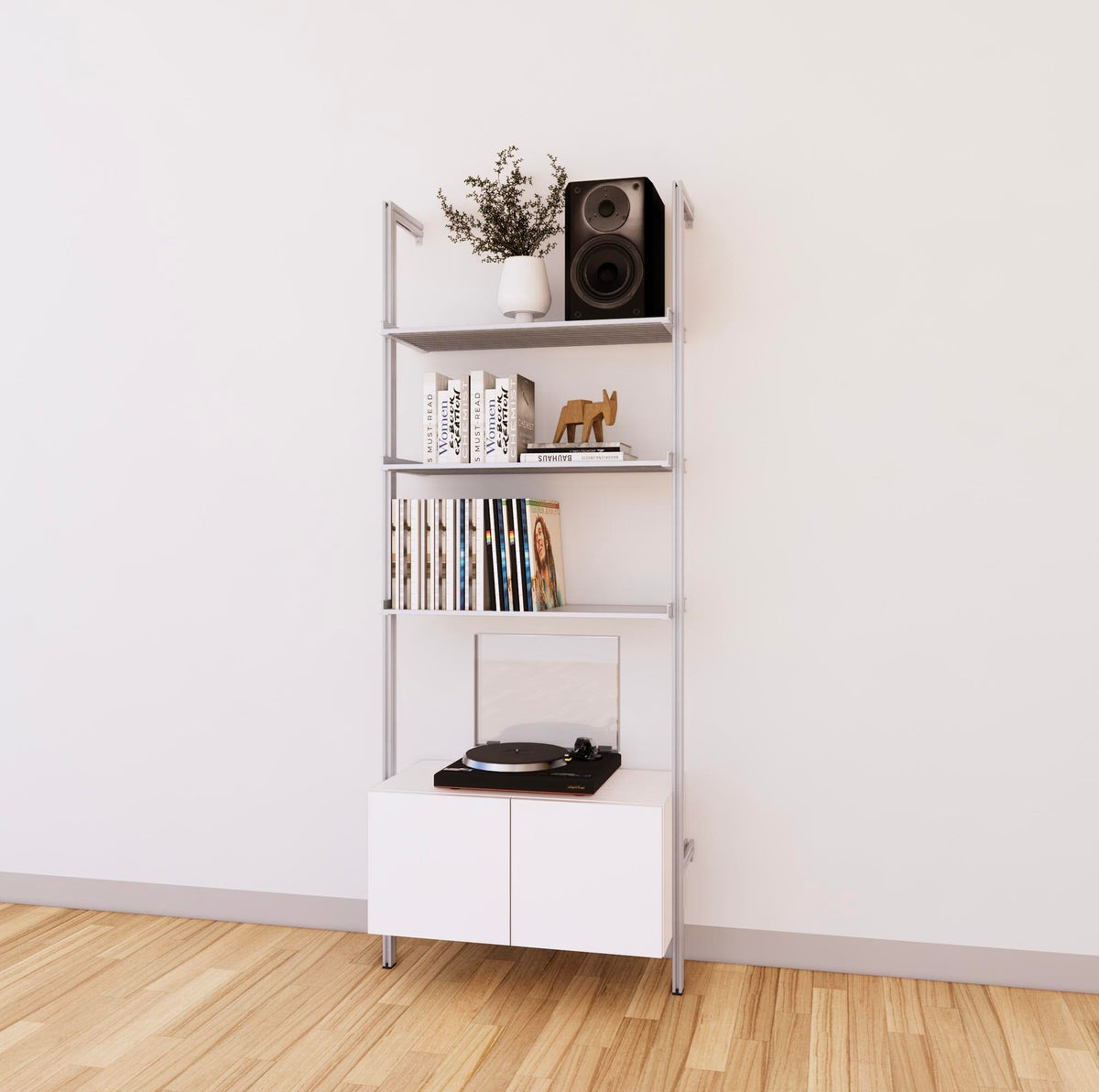 LP vinyl media storage shelving unit with white shelves and satin vertical posts, with Tea for Two wood cabinet storage, two bays, shown with open record storage shelf levels.
