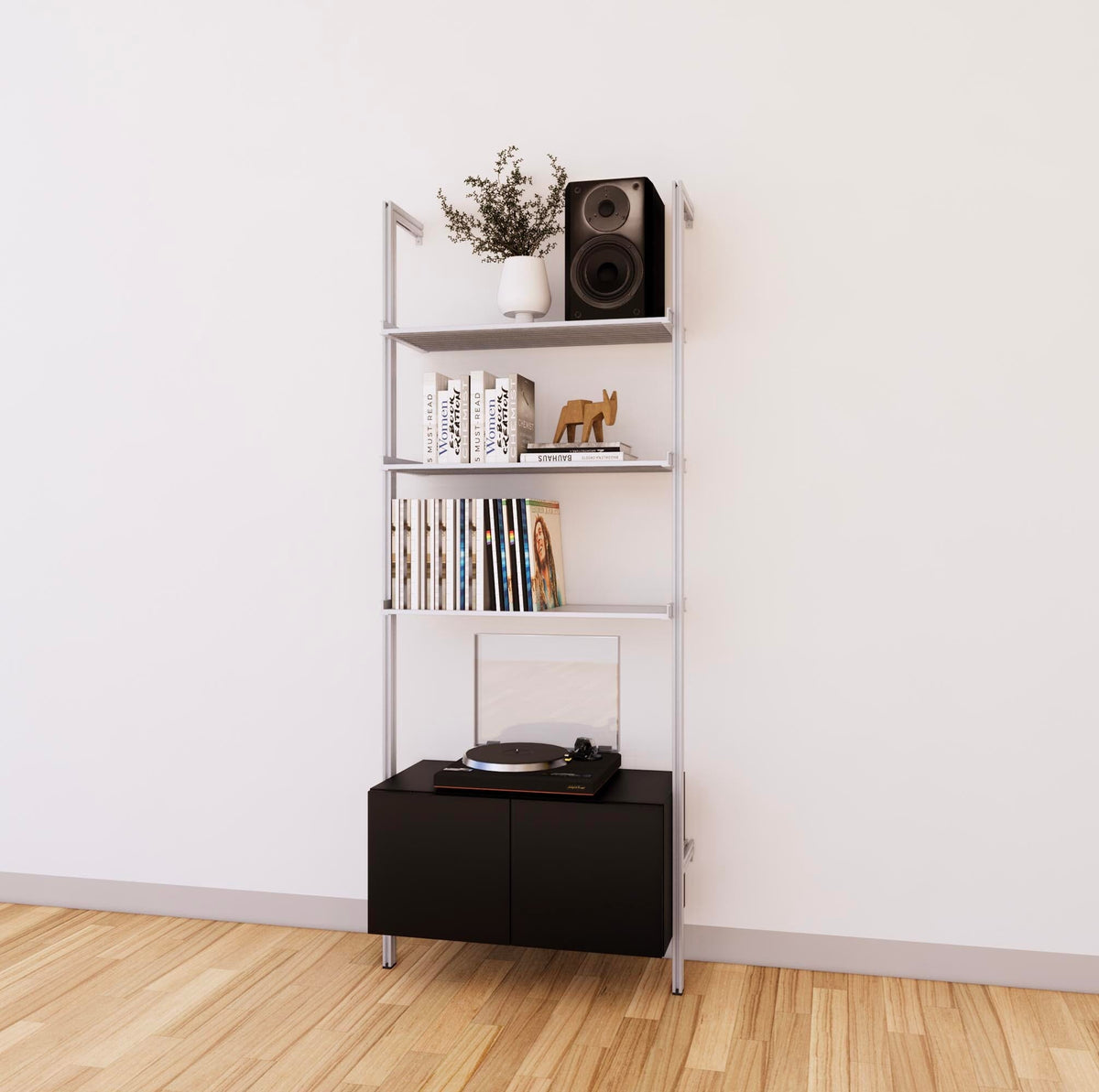 LP vinyl media storage shelving unit with black shelves and satin vertical posts, with Tea for Two wood cabinet storage, two bays, shown with open record storage shelf levels.