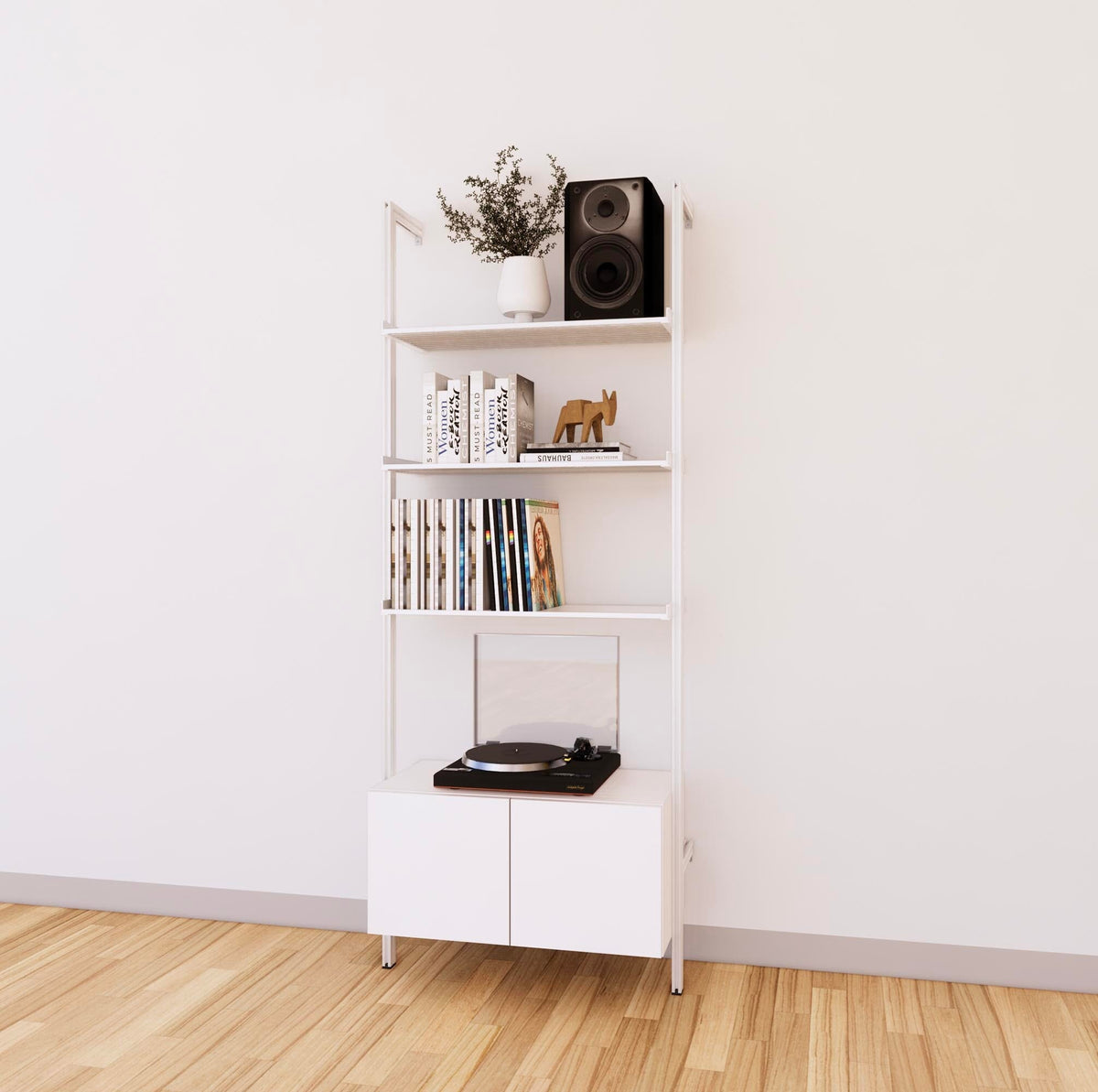 LP vinyl media storage shelving unit with white shelves and white vertical posts, with Casting Light wood cabinet storage, two bays, shown with open record storage shelf levels.