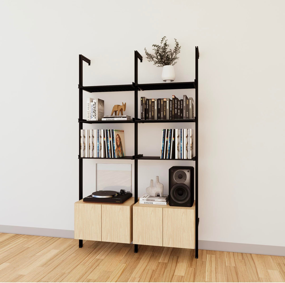 LP vinyl media storage shelving unit with Casting Light shelves and black vertical posts, two bays, shown with open record storage shelf levels.