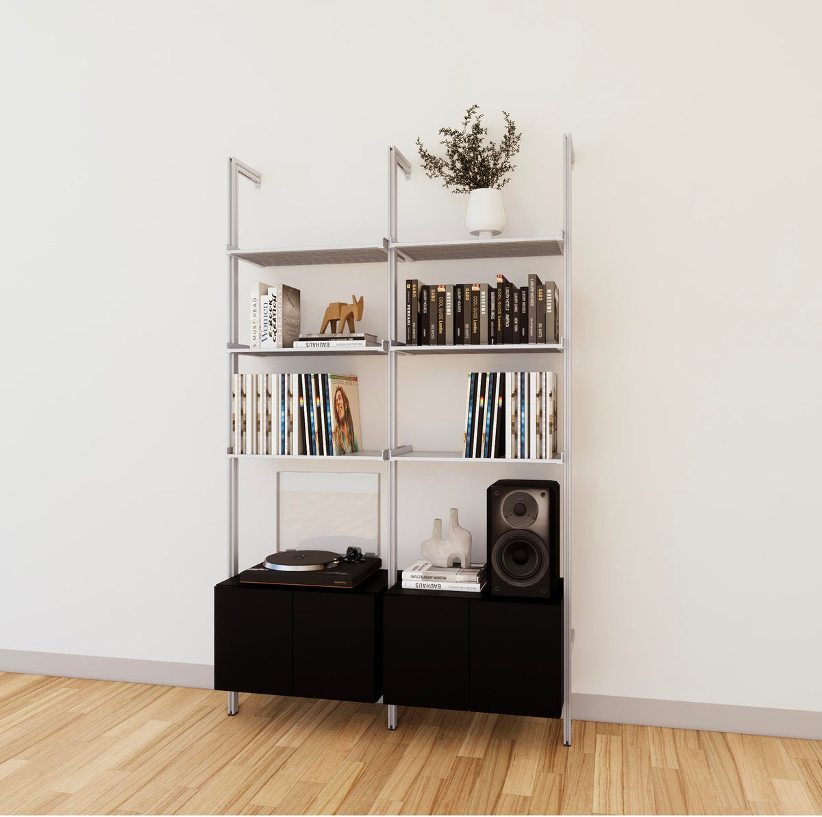 LP vinyl media storage shelving unit with black shelves and satin vertical posts, two bays, shown with open record storage shelf levels.