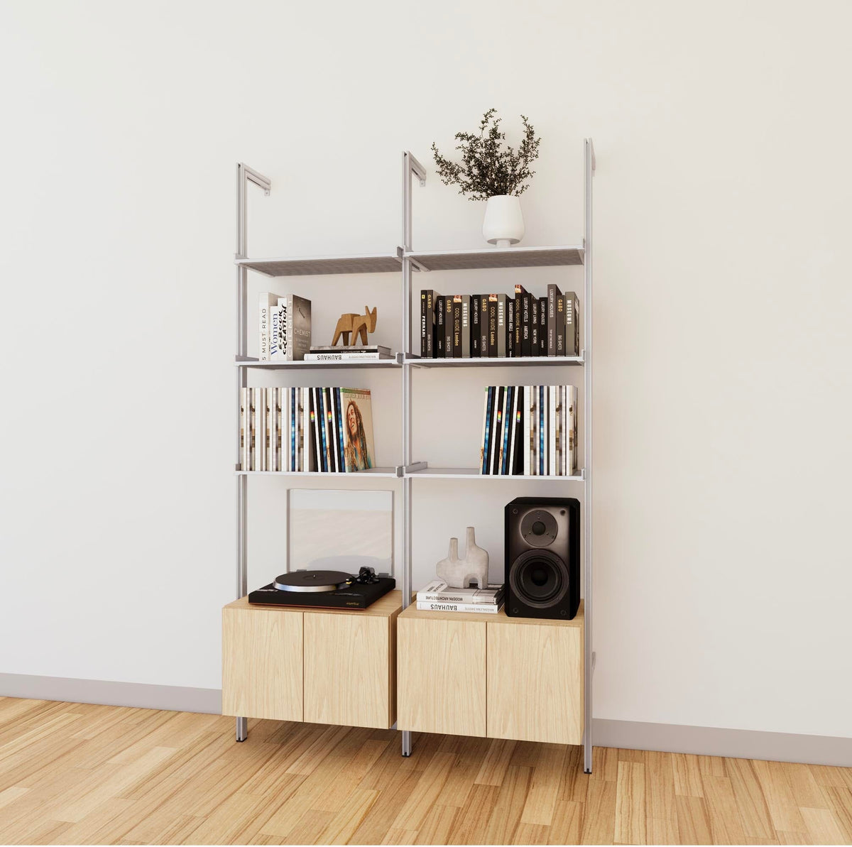 LP vinyl media storage shelving unit with Casting Light shelves and satin vertical posts, two bays, shown with open record storage shelf levels.