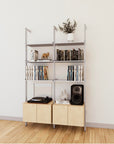 LP vinyl media storage shelving unit with Casting Light shelves and satin vertical posts, two bays, shown with open record storage shelf levels.