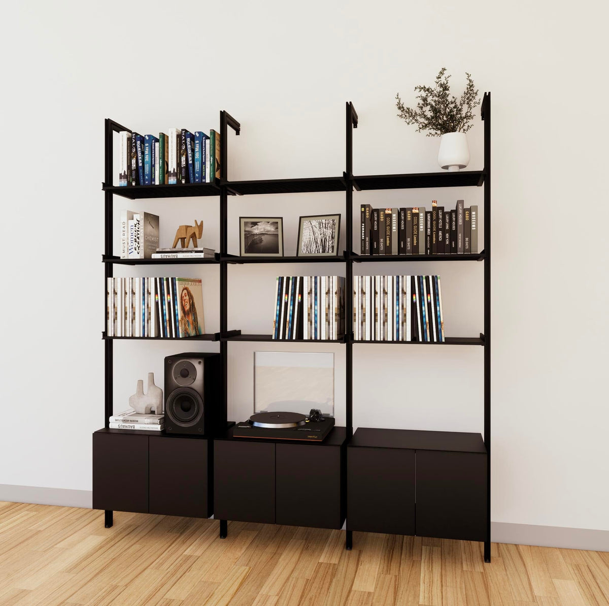 LP vinyl media storage shelving unit with black shelves and black vertical posts, with Tea for Two wood cabinet storage, three bays, shown with open record storage shelf levels.