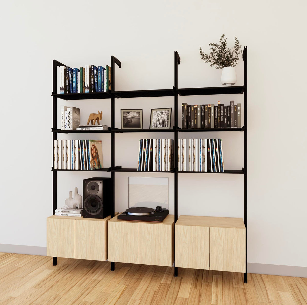 LP vinyl media storage shelving unit with Casting Light shelves and black vertical posts, with Tea for Two wood cabinet storage, three bays, shown with open record storage shelf levels.