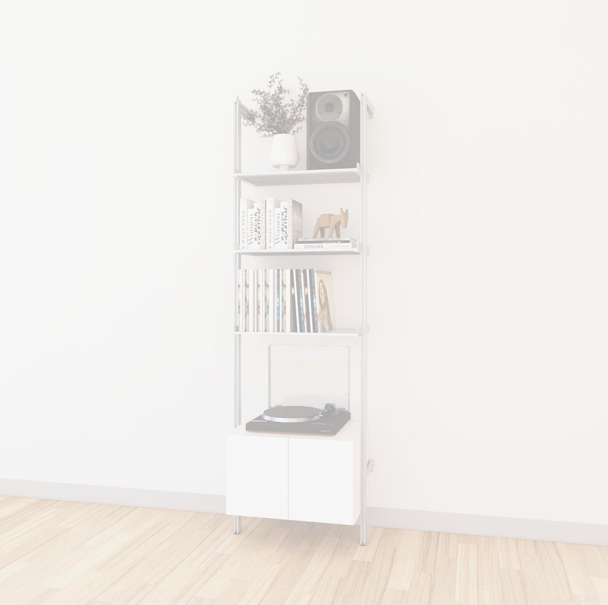 LP vinyl media storage shelving unit with white shelves and satin vertical posts, shown with open record storage shelf levels.