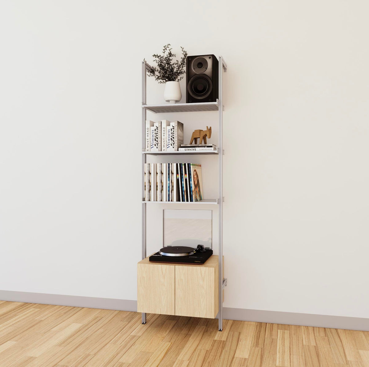 LP vinyl media storage shelving unit with Casting Light shelves and satin vertical posts, with Tea for Two wood cabinet storage, one bay, shown with open record storage shelf levels.