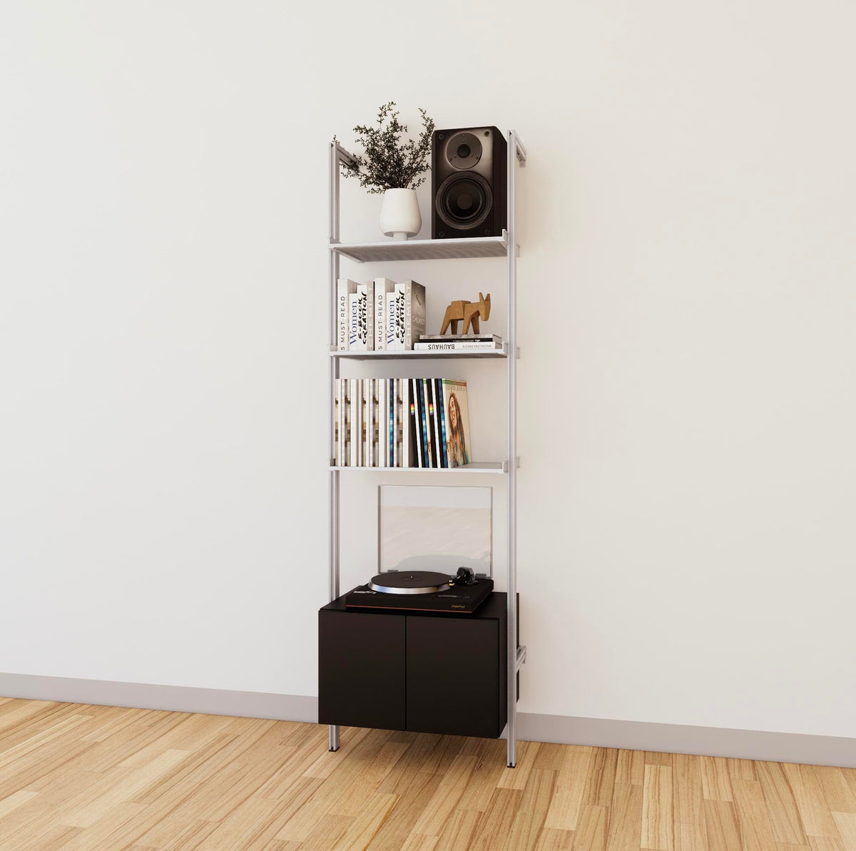 LP vinyl media storage shelving unit with black shelves and satin vertical posts, with Tea for Two wood cabinet storage, one bay, shown with open record storage shelf levels.