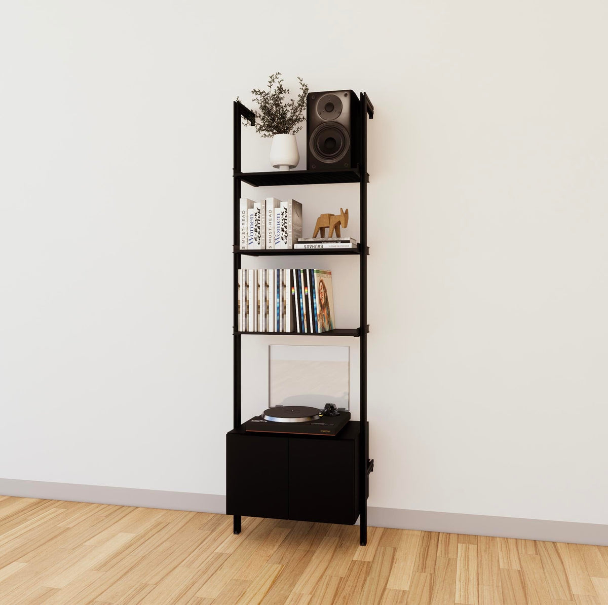 LP vinyl media storage shelving unit with black shelves and black vertical posts, with Tea for Two wood cabinet storage, one bay, shown with open record storage shelf levels.