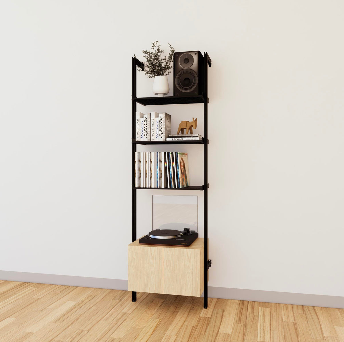 LP vinyl media storage shelving unit with Casting Light shelves and black vertical posts, one bay, shown with open record storage shelf levels.
