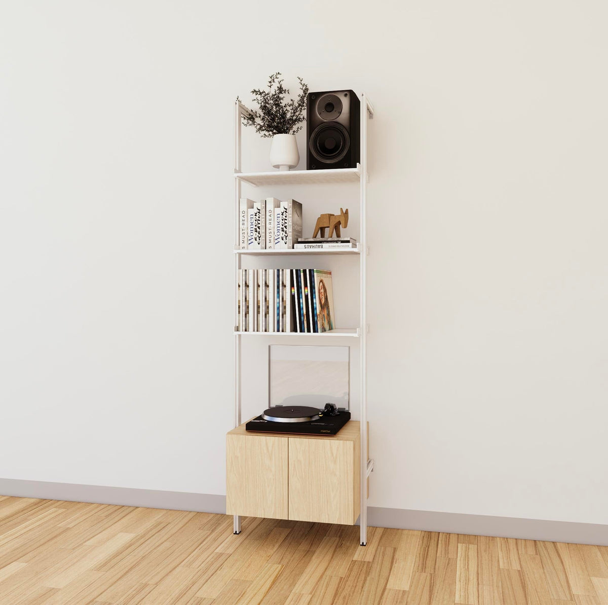 LP vinyl media storage shelving unit with Casting Light shelves and white vertical posts, one bay, shown with open record storage shelf levels.