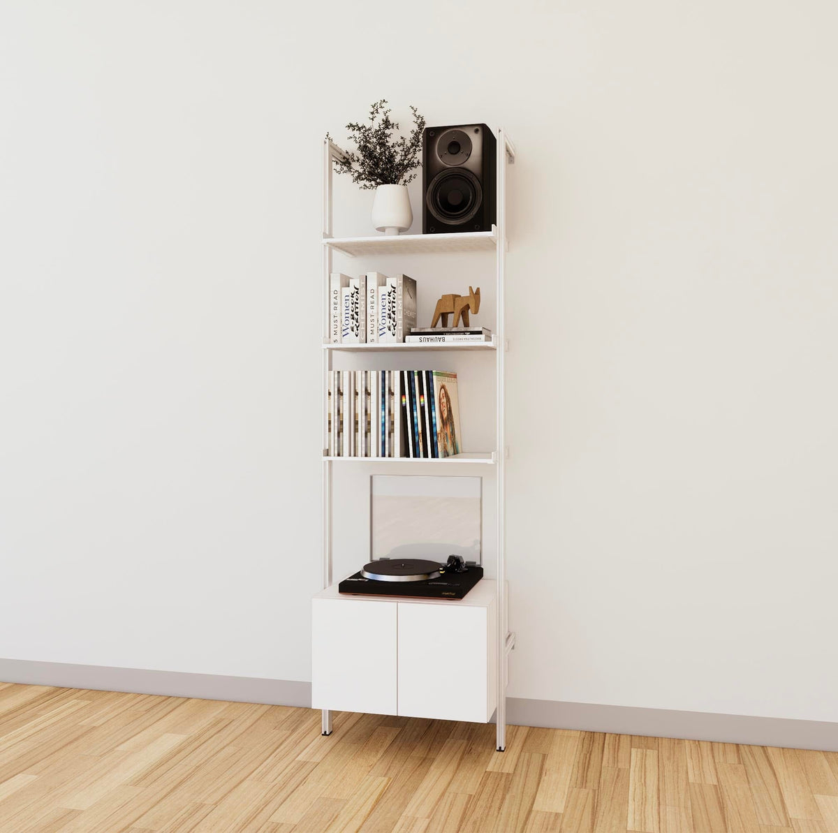 LP vinyl media storage shelving unit with white shelves and white vertical posts, one bay, shown with open record storage shelf levels.