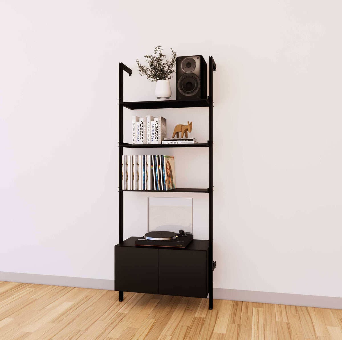 LP vinyl media storage shelving unit with black shelves and black vertical posts, with Casting Light wood cabinet storage, three bays, shown with open record storage shelf levels.