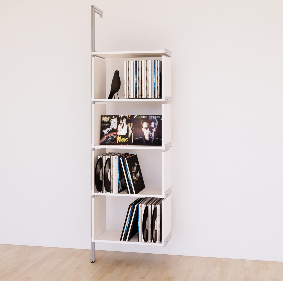 Modular vinyl storage shelving unit with white shelves and satin vertical posts, shown with open record storage shelf levels.