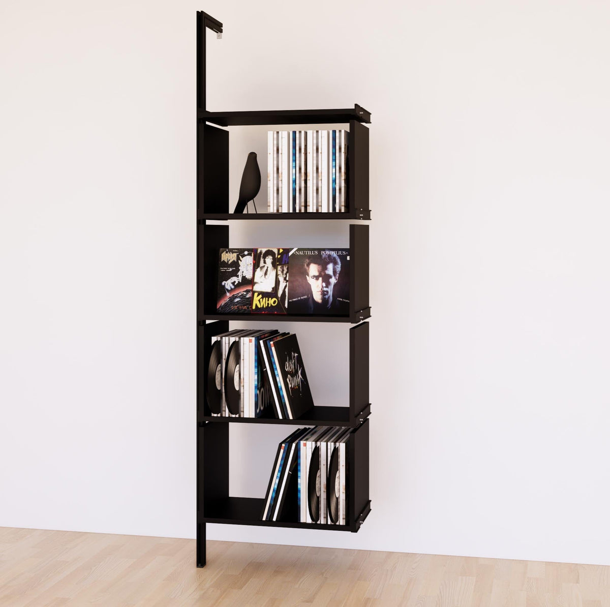 Modular vinyl storage shelving unit with black shelves and black vertical posts, shown with open record storage shelf levels.