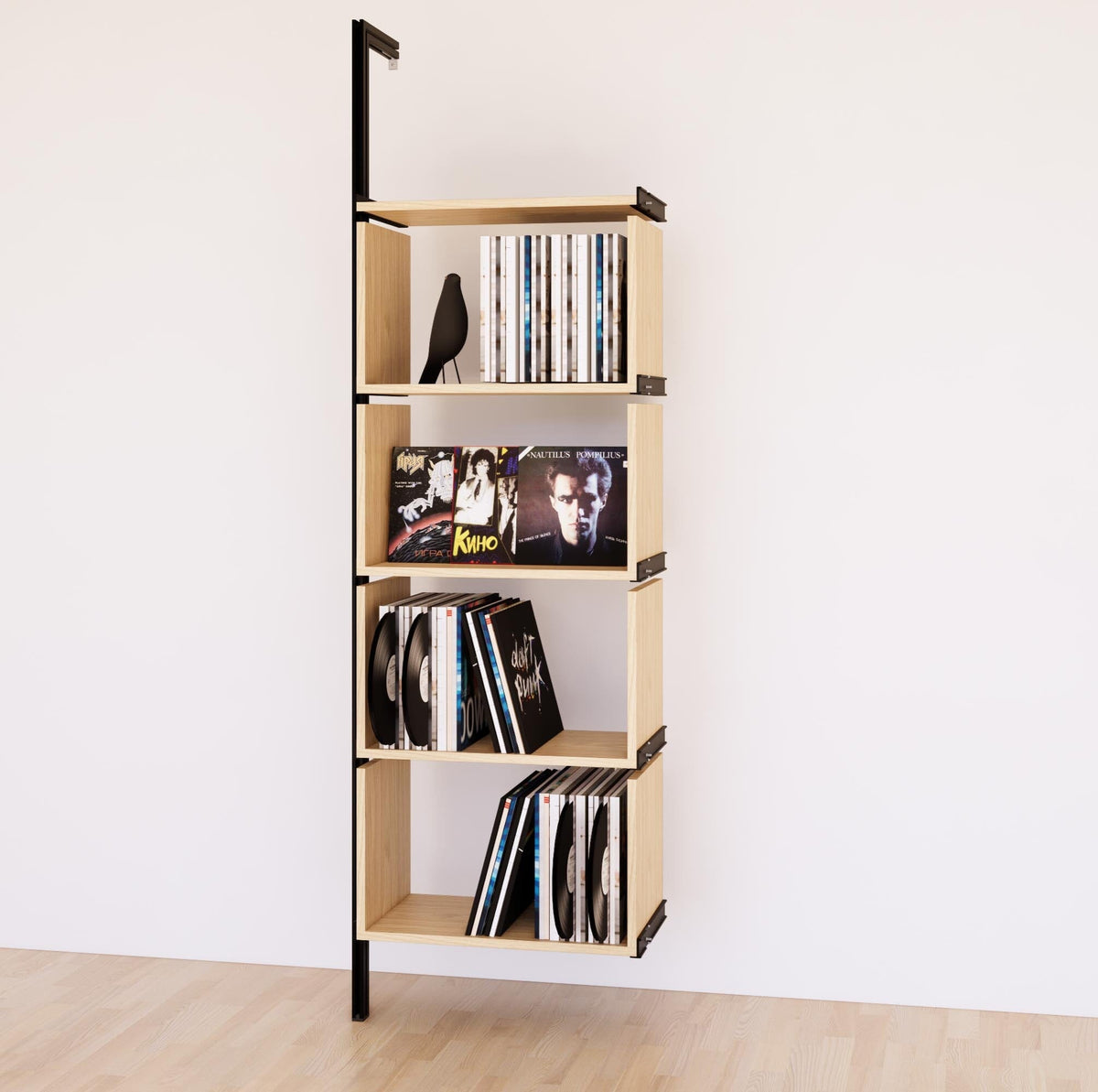 Modular vinyl storage shelving unit with Casting Light shelves and black vertical posts, shown with open record storage shelf levels.