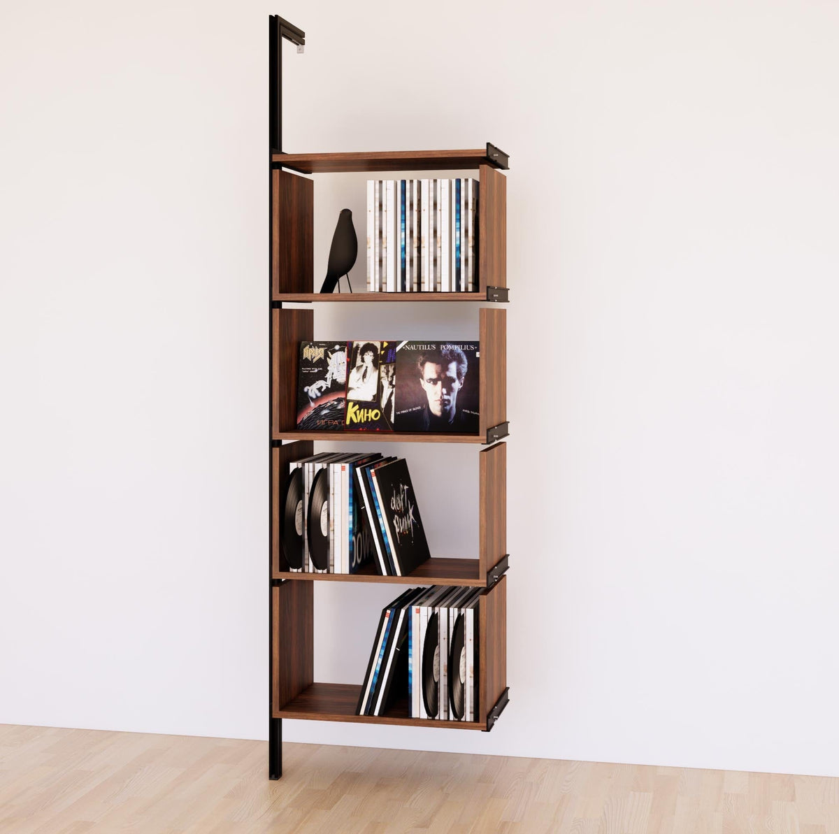 Modular vinyl storage shelving unit with wood-look shelves and black vertical posts, shown with open record storage shelf levels.