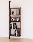 Modular vinyl storage shelving unit with wood-look shelves and black vertical posts, shown with open record storage shelf levels.