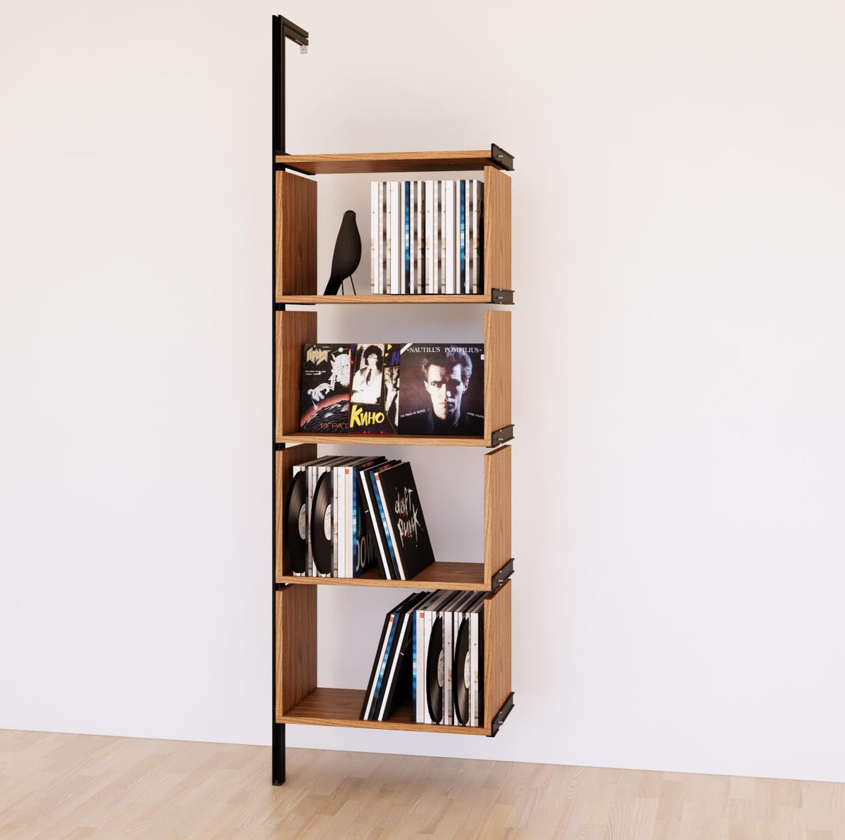 Modular vinyl storage shelving unit with Tea for Two shelves and black vertical posts, shown with open record storage shelf levels.
