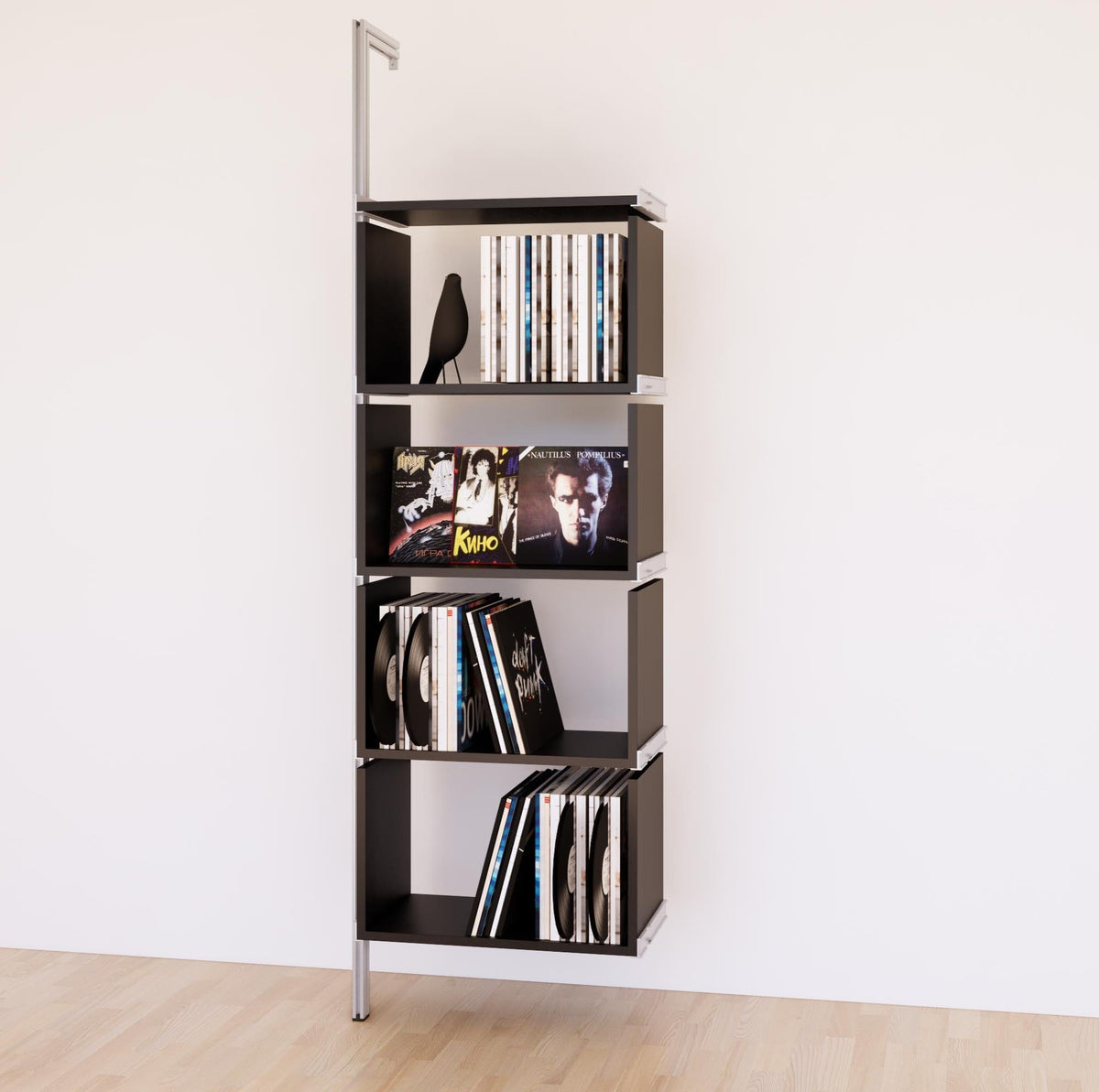 Modular vinyl storage shelving unit with black shelves and satin vertical posts, shown with open record storage shelf levels.
