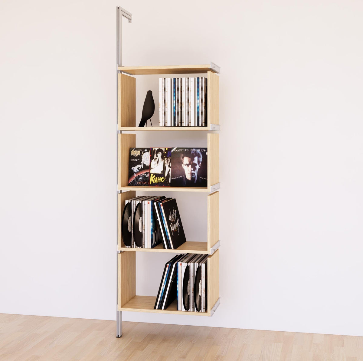Modular vinyl storage shelving unit with Casting Light shelves and satin vertical posts, shown with open record storage shelf levels.