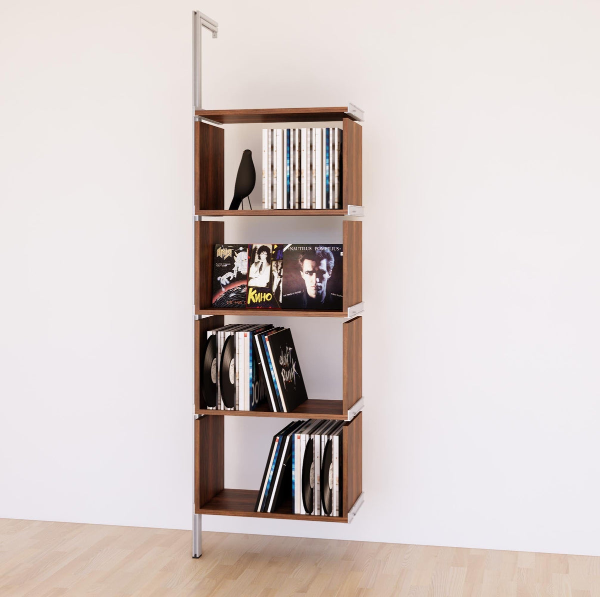 Modular vinyl storage shelving unit with wood-look shelves and satin vertical posts, shown with open record storage shelf levels.