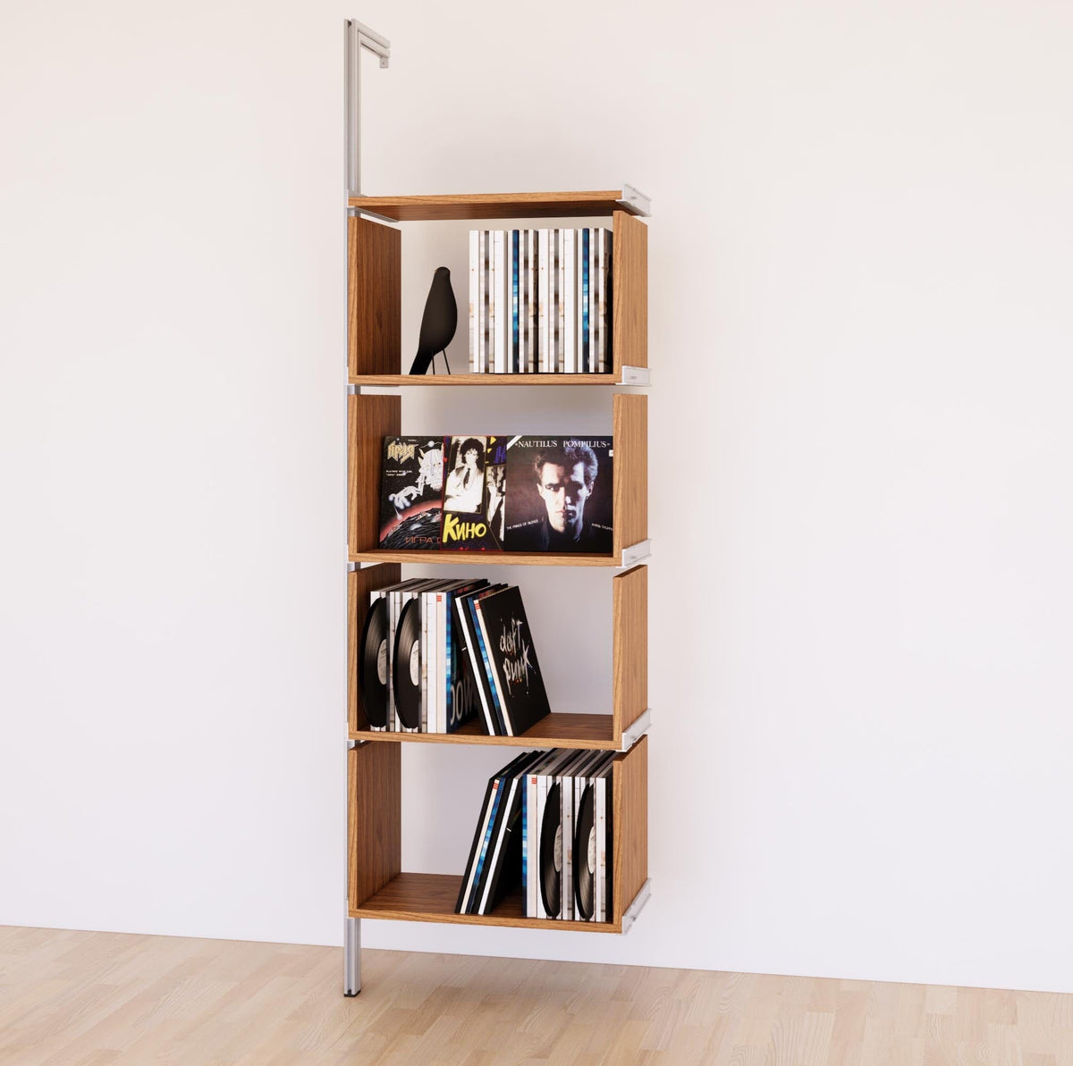 Modular vinyl storage shelving extension with Tea for Two shelves and satin vertical post, shown with open record storage shelf levels.