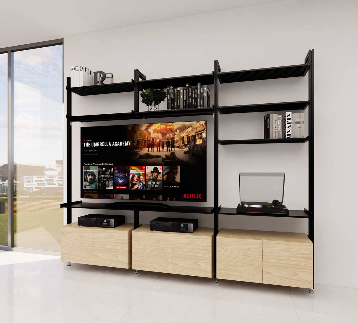 Modular shelving unit with black and Casting Light shelves and black vertical posts.