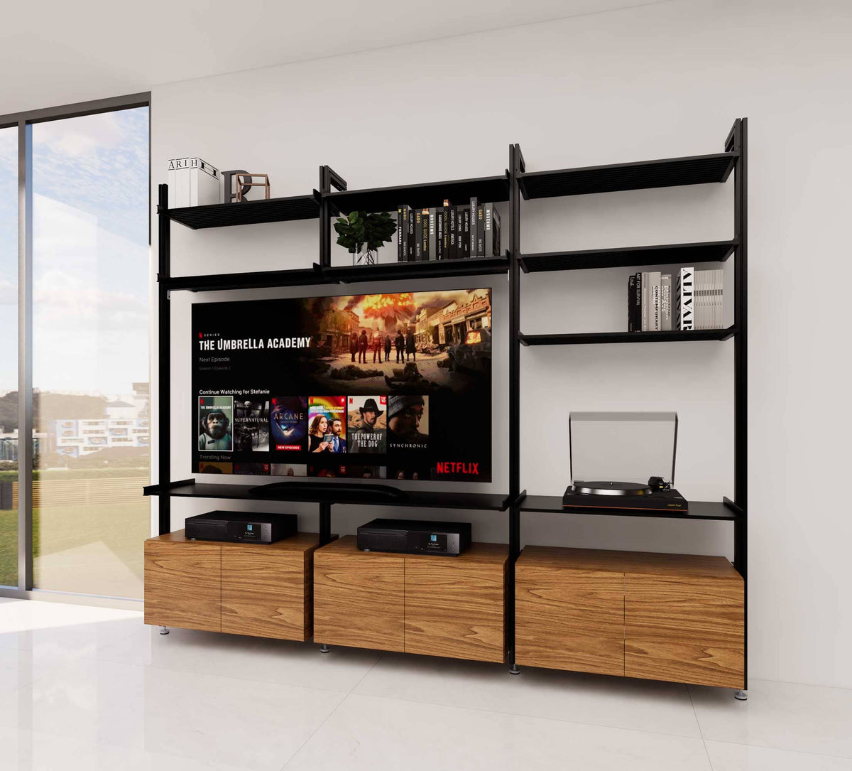 Modular shelving unit with satin and Tea for Two shelves and satin vertical posts.