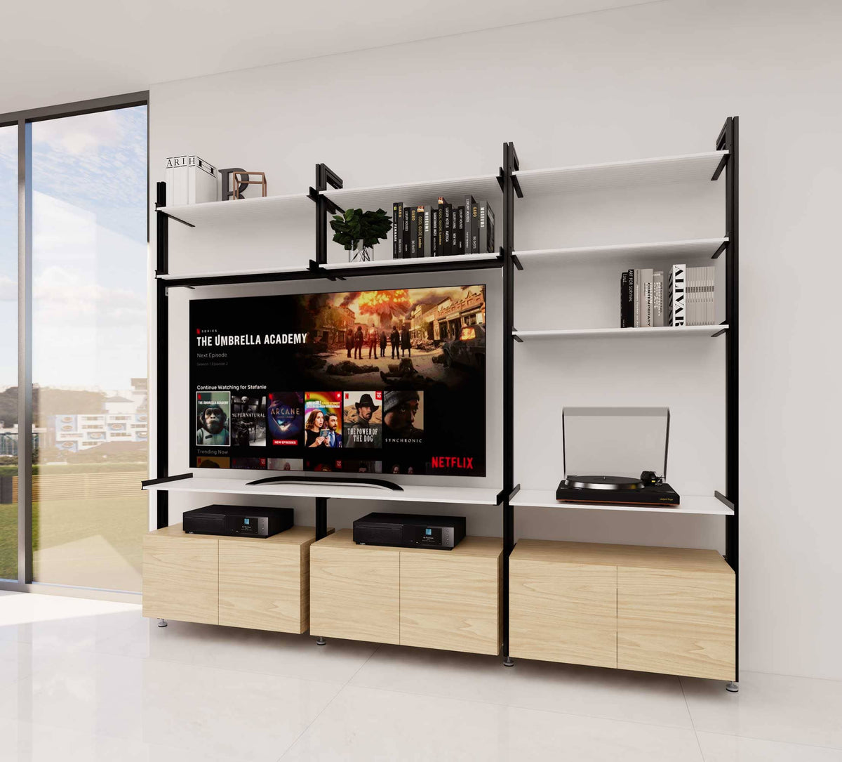 Modular shelving unit with white and Tea for Two shelves and white vertical posts.