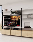 Modular shelving unit with white and Tea for Two shelves and white vertical posts.