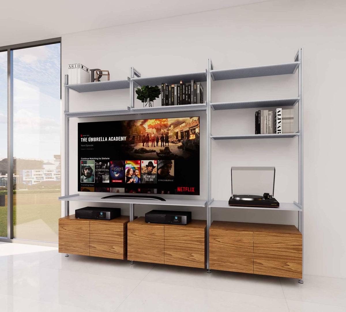 Modular shelving unit with white and Casting Light shelves and black vertical posts.