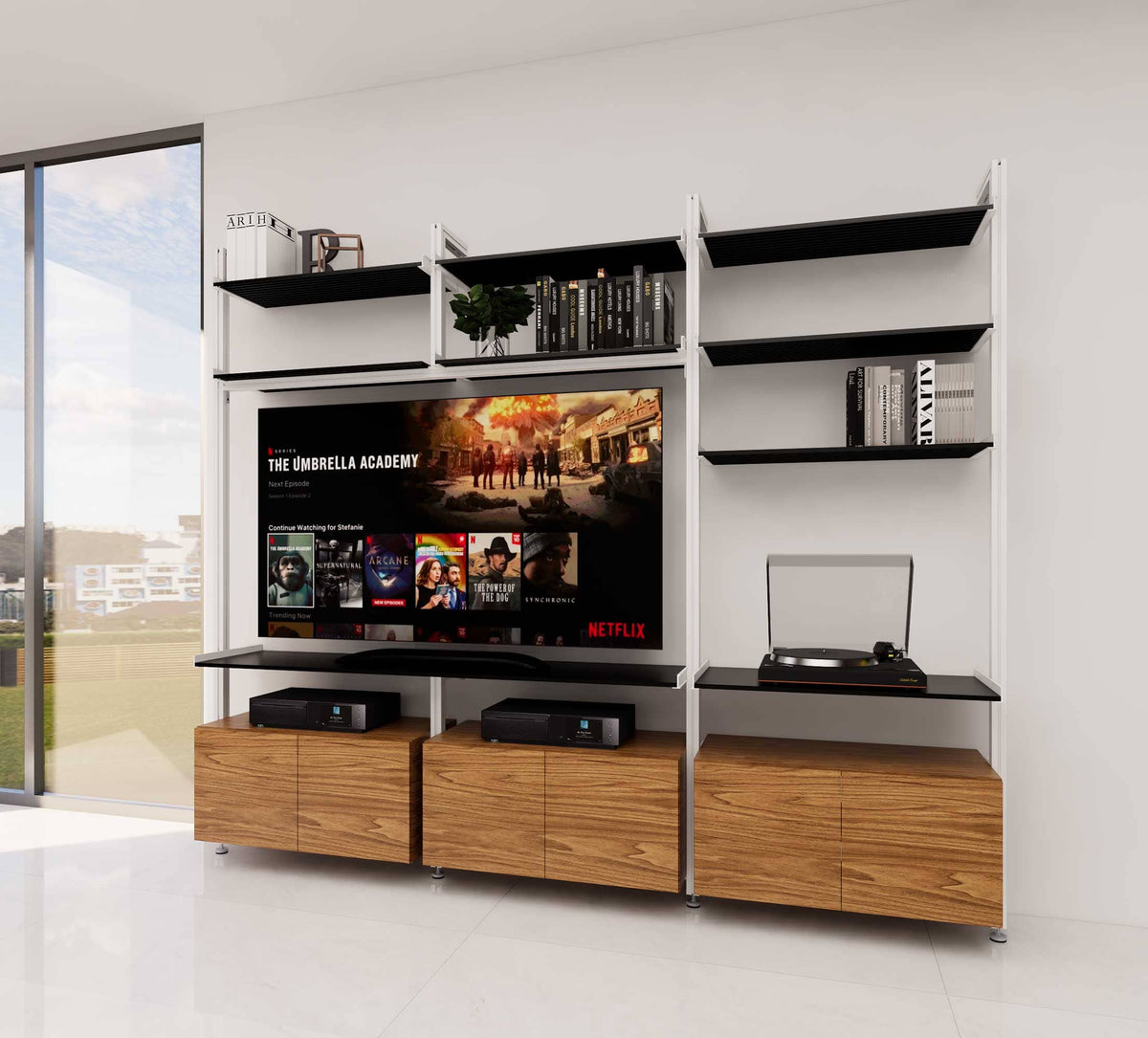 Modular shelving unit with white and Tea for Two shelves and black vertical posts.
